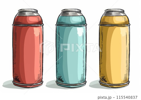 Three illustrated thermos bottles in red, blue, and yellow 115540837