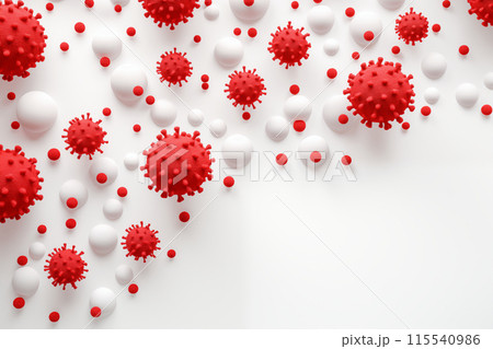 Coronavirus cells or bacteria molecule. COVID-19 virus. Virus isolated on white. Close-up of influenza, disease X. Bacteria, infected cellular organism. Science and medicine concept. Copy space 115540986