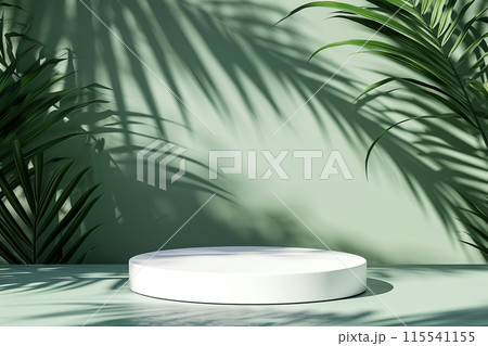 Light green background for product presentation with shadow of tropical palm leaves and light. Podium, stage pedestal platform for cosmetic products. Empty round podium. Layout. banner. Mockup Light green background for product presentation with shadow of tropical palm leaves and light. Podium, stage pedestal platform for cosmetic products. Empty round podium. Layout. banner. Mockup 115541155