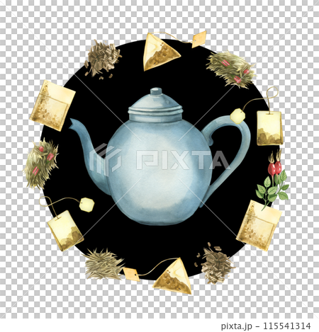 Teapot for brewing tea, tea bags, leaves, tea leaves, rose hips, tea strainer on a black background. All products are hand painted with watercolors. For printing on food packaging, kitchen, textiles. Teapot for brewing tea, tea bags, leaves, tea leaves, rose hips, tea strainer on a black background. All products are hand painted with watercolors. For printing on food packaging, kitchen, textiles. 115541314