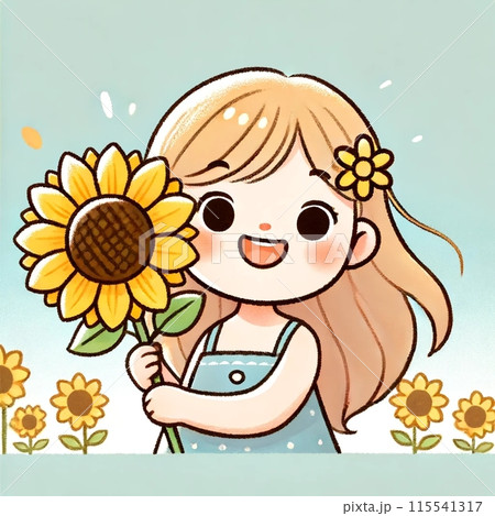 ひまわりを手に持つ笑顔の女の子のイラスト 夏休みの子どものイラスト