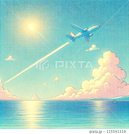 夏の海の上を飛ぶ飛行機と青空に浮かぶ飛行機雲 115541319