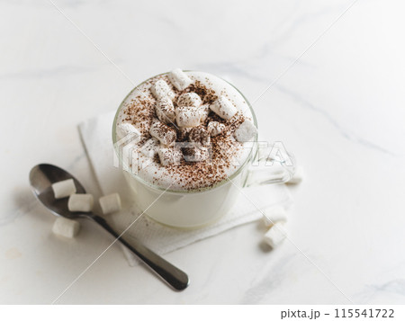 Babyccino - whipped milk or cream with cocoa or cinnamon powder and marshmallow. Idea and recipe for kids drink - warm whipped milk,without coffee. Babyccino in glass cup on marble table. Copy space 115541722