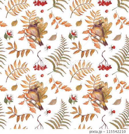 Bird, finch, tree branch, leaf, fern, autumn, illustration, seamless pattern in watercolor on a white background. Suitable for printing cards, textile, fabric, fashion design, accessories, tableware. 115542210