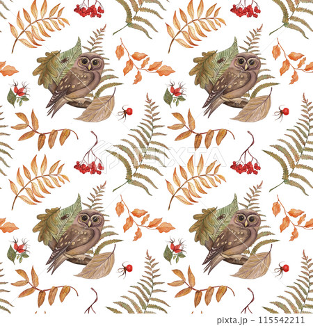 Bird, owl, tree branch, leaves, fern, autumn, illustration, seamless pattern in watercolor on a white background. Suitable for printing cards, textiles, fabric, fashion design, accessories, tableware. 115542211