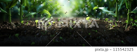 In a sun-kissed corn field, blades of grass glisten with dew drops, swaying gently in the breeze, reflecting the pure beauty of nature. 115542325