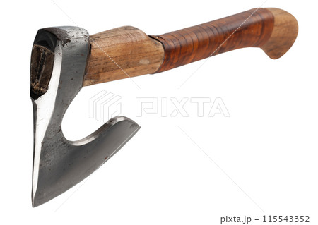 battle axe with wooden handle on white 115543352