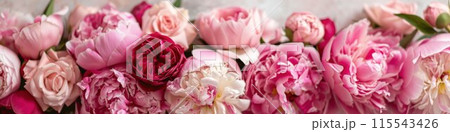 Floral Banner. Close-up of assorted vibrant flowers in full bloom. Greeting card for Mother's Day, Woman's Day, Easter, Valentine's Day, Wedding, and Birthday celebration. Floral Banner. Close-up of assorted vibrant flowers in full bloom. Greeting card for Mother's Day, Woman's Day, Easter, Valentine's Day, Wedding, and Birthday celebration. 115543426