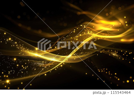 Glowing gold lines with sparkles on black background. Abstract golden waves. 115543464
