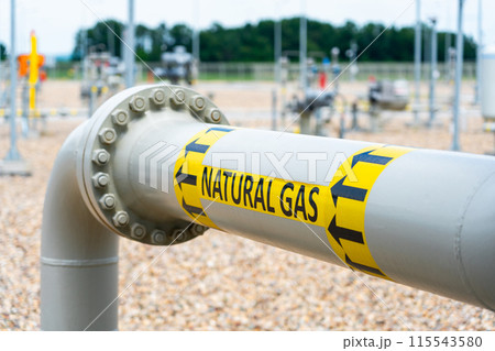 Gas pipeline system with high pressure and direction sign at compressor station. Concept of energy delivery infrastructure 115543580