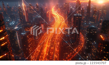 City skyline with glowing highways at dusk. A city skyline at dusk with glowing highways filled with light trails, depicting a bustling and futuristic urban environment. 115543707