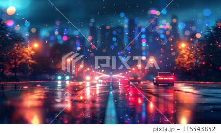 Two cars on a rainy road at night with city lights in the background. Bokeh effect photography. Urban nightlife and transportation concept. 115543852