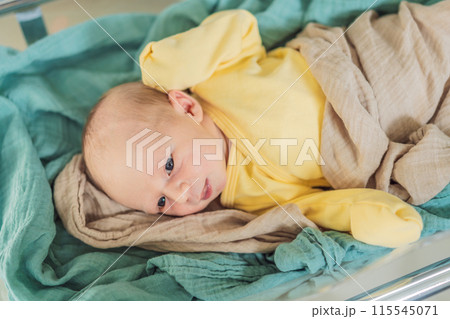 A newborn rests peacefully in his transparent bassinet in the hospital. The clear bassinet provides visibility for medical staff to monitor the baby's well-being while ensuring a safe and comfortable A newborn rests peacefully in his transparent bassinet in the hospital. The clear bassinet provides visibility for medical staff to monitor the baby's well-being while ensuring a safe and comfortable 115545071