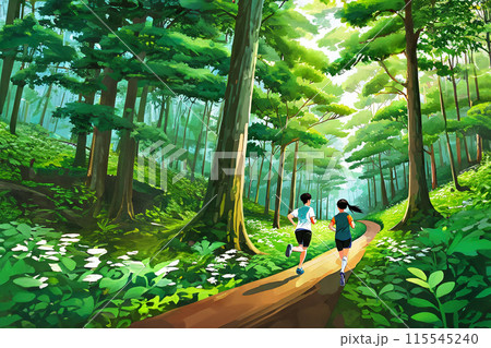 新緑の森を走る2人のランナーのイラスト 115545240