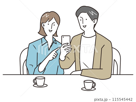 スマホを見ながら会話する若い男女 スマホを見ながら会話する若い男女 115545442