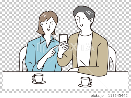 Young men and women talking while looking at smartphones Young men and women talking while looking at smartphones 115545442