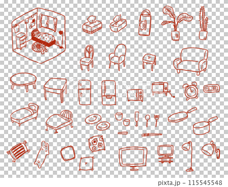 Illustration of furniture and objects in a room - red Illustration of furniture and objects in a room - red 115545548