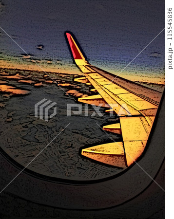 View from an airplane porthole. Picture in comic style. 	Through the airplane window you can see a curved wing against a background of clouds, earth and sky. 115545836