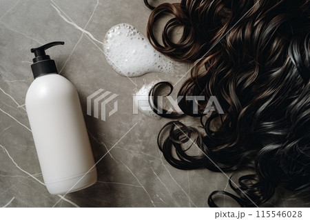 Top view of shampoo bottle with black hairle surface, hair care concept 115546028