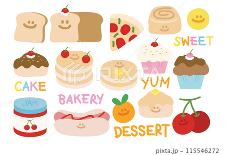 Cupcake, pancake, pizza, hotdog, cherry, cinnamon roll, jam, bread for cafe, restaurant, cartoon, emoji, menu, sticker, recipe, breakfast, fast food, brunch, baking book, pastry, bakery, school snack Cupcake, pancake, pizza, hotdog, cherry, cinnamon roll, jam, bread for cafe, restaurant, cartoon, emoji, menu, sticker, recipe, breakfast, fast food, brunch, baking book, pastry, bakery, school snack 115546272