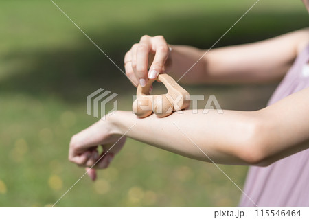 木の自動車のおもちゃを腕に乗せて遊ぶ若い女性　マイカーイメージ 115546464