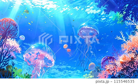 美しい海と泳ぐクラゲのイラスト　背景画像 115546535