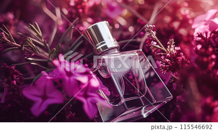 Perfume bottle with beautiful flowers. Floral background. Beauty concept. Flat lay, top view. 115546692