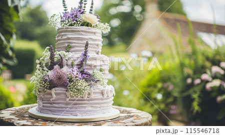 Wedding cake with lavender flowers. Festive table decoration. 115546718
