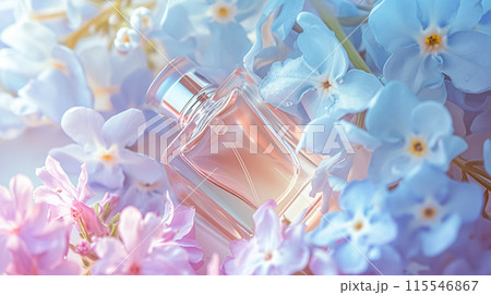 Perfume bottle with beautiful flowers. Floral background. Beauty concept. Flat lay, top view. 115546867