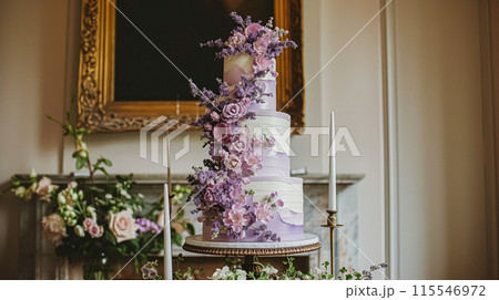 Wedding cake with lavender flowers. Festive table decoration. 115546972