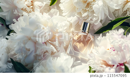 Perfume bottle with beautiful flowers. Floral background. Beauty concept. Flat lay, top view. Perfume bottle with beautiful flowers. Floral background. Beauty concept. Flat lay, top view. 115547095