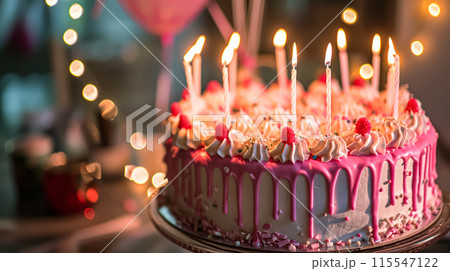 Birthday cake with candles and flowers on the table. Selective focus. 115547122