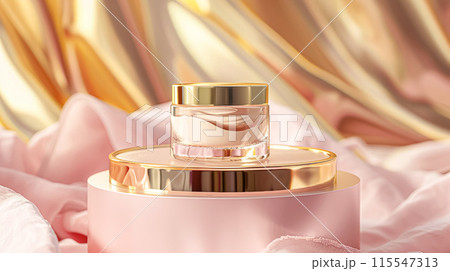 Cosmetic cream in a glass jar on a pink background. Skin care concept. Backdrop for beauty products 115547313