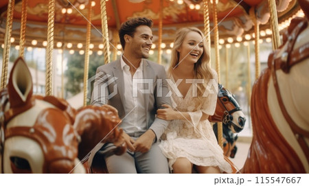 Romantic couple having a delightful time on a vibrant carousel at the amusement park on a sunny day 115547667