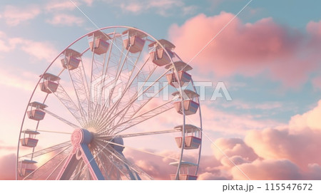 Colorful Pink Ferris Wheel at Sunset with Dramatic Cloudy Sky, Trees, Amusement Park 115547672