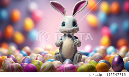 Cyberpunk Rabbit and Retro Outfit on bright Background with Easter eggs 115547716