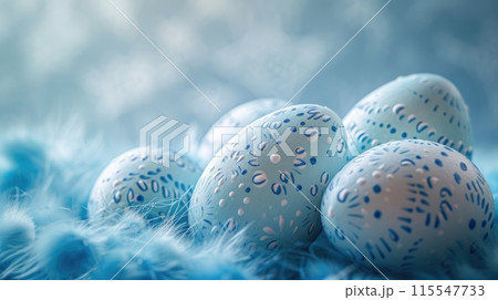 Blue Easter Eggs with White Polka Dots on Light Blue Background. Easter eggs 115547733