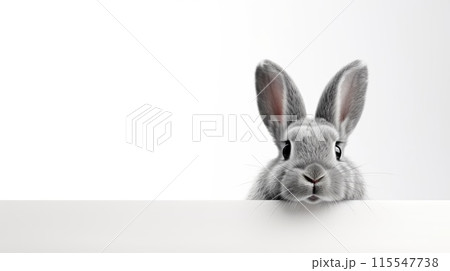 Surprised Funny Cute Bunny with Big Eyes looking out of white banner on Light Background, Cute Animal Portrait 115547738