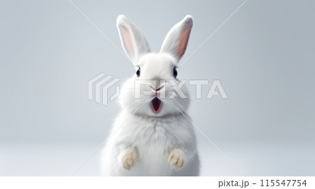 Surprised Funny Cute Bunny with Big Eyes on Light Background, Cute Animal Portrait 115547754
