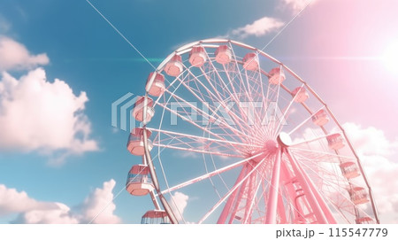 Colorful Pink Ferris Wheel at Sunset with Dramatic Cloudy Sky, Trees, Amusement Park 115547779