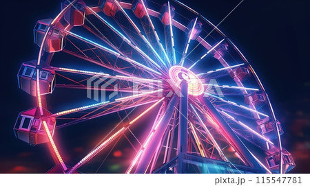 Colorful Ferris Wheel with Rainbow Lights in Dark Amusement Park at Night with bright colorful neon lights. 115547781