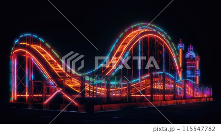 Amusement park with roller coaster at night with bright colorful neon lights 115547782
