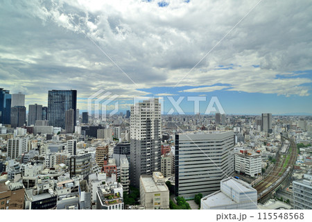 東京新宿　歌舞伎町タワー　展望フロアから観る新宿ビル群と線路の風景 115548568