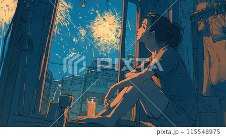 部屋でビールを飲みながら花火を見る女性 115548975
