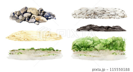 Green grass, sandy, pebble, soil ground watercolor illustration set. Lush grassy, rocky, earthy, sand landscape background element collection. Various natural surfaces on white background 115550188