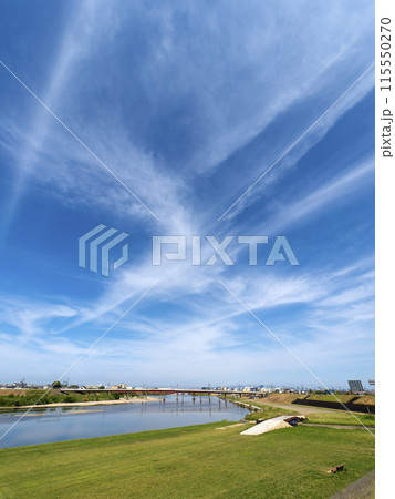 青空と大和川の河川敷公園 115550270