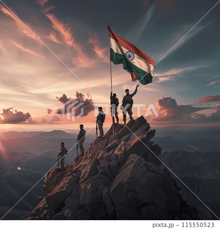 Soldiers Raising Indian Flag on Mountain Peak at Sunset Soldiers Raising Indian Flag on Mountain Peak at Sunset 115550523