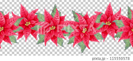 Christmas border of poinsettia flowers. Watercolor illustration. Hand drawn isolated art. Frame of realistic red plant with star flower and leaves for New Year and winter holidays decoration. 115550578
