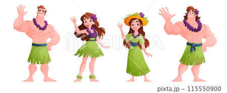 Illustration of cheerful Hawaiian characters in traditional attire waving, perfect for tropical-themed designs and cultural presentations. Illustration of cheerful Hawaiian characters in traditional attire waving, perfect for tropical-themed designs and cultural presentations. 115550900