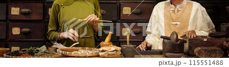 Apothecary Workers Measuring Herbs for Sale 115551488